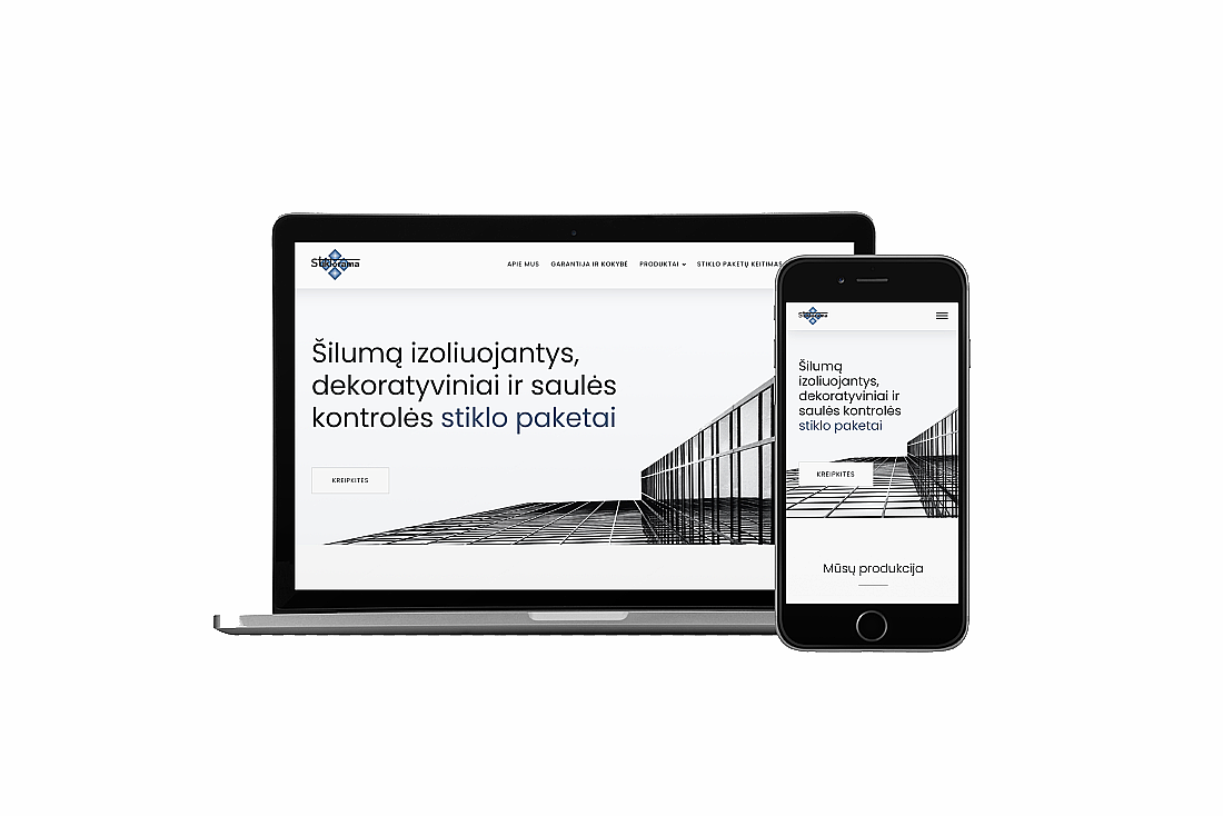 Interneto svetainės Stiklorama.lt vaizdas nešiojamo kompiuterio ir mobilaus telefono ekranuose